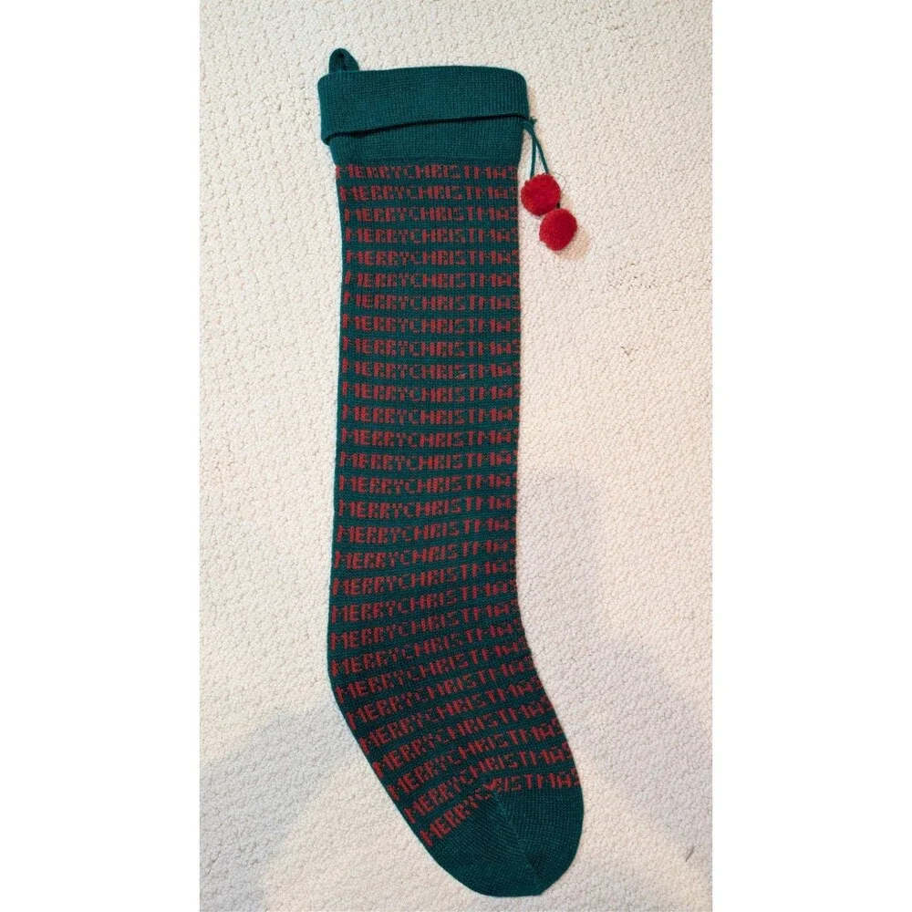 VINTAGE Christmas MERRY CHRIST MAS  Knit Acrylic 25” Stocking Pom Pom Taiwan